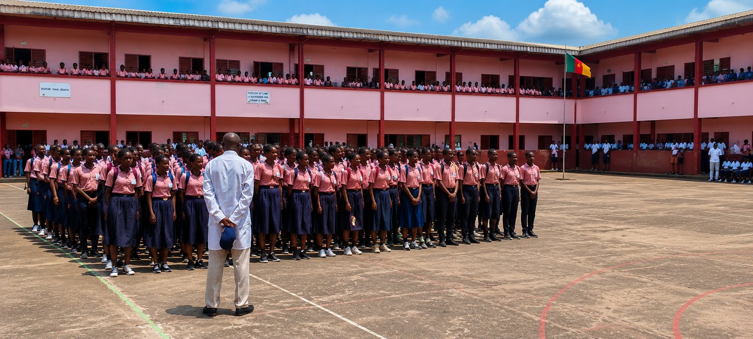 Élèves du Collège BAHO en rangs dans la cour, lors du rassemblement du matin